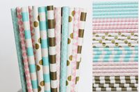 Gold, Pink and Blue Paper Straw Mix - Stripe, Quatrefoil, Damask, Polka Dot, Diamond (100)
