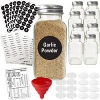 8 XLarge 8oz Glass Spice Jars w/2 Types of Printed Spice Labels. Premium Commercial Grade Set: Empty Square Jar, Airtight Cap Chalk & Clear Stickers Pour Sift Shaker by Talented Kitchen (8oz JARS)