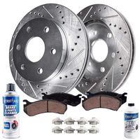 Detroit Axle - Drilled Slotted Front Brake Kit Rotors & Ceramic Pads w/Clips Hardware CLEANER & FLUID for 07-19 Escalade, ESV, Tahoe, Yukon - [08-19 Sierra/Silverado 1500] - [15-19 Suburban]