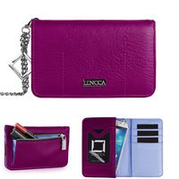 (Plum, Sky Blue) Leather Lencca Wallet Case for BLU Life One X2 Mini, Grand Max, Energy, M, X, Studio J5, Neo X2 (Slots) for Cards and Cash (Zippered Back Pocket)