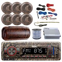 PyleMarine Single-DIN Bluetooth MP3 USB AUX Camo AM/FM Radio, 6X 6.5'' Waterproof Camouflage Speakers, Pyle Elite Series 4-Channel Amplifier, Stereo Cover, Enrock Antenna, 50 Ft Wire, Amp Kit