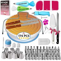 174 PCs Cake Decorating Supplies Kit for Beginners-1 Turntable stand- Cake server & knife set-48 Numbered Easy to use icing tips with pattern chart and E.Book-7 Russian Piping nozzles -2 Spatulas