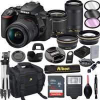 Nikon D5600 DSLR Camera with 18-55mm VR and 70-300mm VR Lenses + 32GB Card, Tripod, Flash, and More (21pc Bundle)