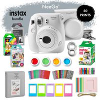 NeeGo Instax Mini 9 Instant Camera Bundle-Deluxe Kit with Camera, Matching Case & 4 Fun Film Packs-Rainbow, Stained Glass, Monochrome & White 50 Exposures for Instant Creative Photos-Smokey White