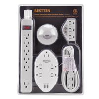 BESTTEN 16-Outlet Value Pack (5 Outlet Wall Tap Adapter with 2 USB Charging Ports, 6 Outlet Power Strip, 6 Feet Extension Cord, 1 to 3 Outlet Splitter, Sensor Night Light) ETL Certified, White