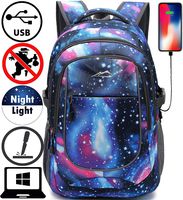 Backpack for School College Student Sturdy Bookbag Travel Business with USB Charging Port Laptop compartment Chest Straps Anti Theft Night Light Reflective (Galaxy)