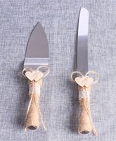 Set of 2, Rustic Wedding Cake Knife and Serving Set with Twine Heart Love Wood Tag Burlap Lace