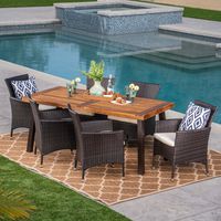 Christopher Knight Home Randy | Outdoor 7-Piece Acacia Wood and Wicker Dining Set with Cushions | Teak Finish | in Multibrown/Beige, Rustic Metal