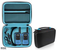 CaseSack Designed Protection Case for Motorola T100 Talkabout Radio, Black Surface with Blue Lining, and Matching Handle, Zipper mesh Pocket for Cables and Other Accessories,