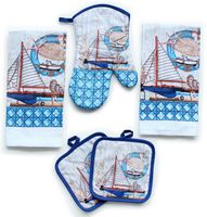 Kitchen Decor Linen Set Includes 2 Dish Towels, 2 Square Pot Holders, 1 Oven Mitt | Decorative Sailboats Printed Kitchen Towels Set For Cooking, Baking, Housewarming and Decoration (Set of 5 Piece)