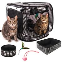 CHEERING PET, Cat Condo Cage: Portable Pop Up Pet Crate with Collapsible Litter Box, Foldable Feeding Bowl, Hanging Feather Teaser and Ball, Carrying Bag, Extra Large 32" X 19" X 19" (Checker Board)