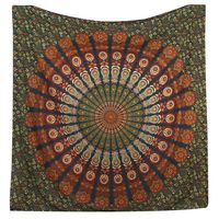 Bless International Indian Hippie Bohemian Psychedelic Peacock Mandala Wall Hanging Bedding Tapestry (Golden Green, Queen(84x90Inches)(215x230Cms))
