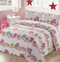 Kids Zone Home Linen 2pc Twin Bedspread Coverlet Quilt Set for Girls with Multi-Color Owls Flowers White Pink Purple Green