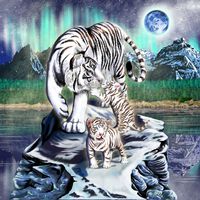 B&A Big Cat White Tiger w/ Cubs in Mountains - Vinyl Sticker