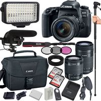 Canon EOS 77D 24.2 MP Digital SLR Camera with 18-55mm and 55-250mm Lenses , Filters, Lens Hood, Monopod, 128GB Memory, Led Video Light, Microphone, Canon Case, Extra Charger
