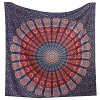 Bless International Indian Hippie Bohemian Psychedelic Peacock Mandala Wall Hanging Bedding Tapestry (Golden Blue White, King(88x104Inches)(225x265Cms))
