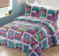 Kids Zone Home Linen 3pc Full/Queen Size Bedspread Coverlet Quilt Set for Girls with Multi-Color Squares Owl Hearts Leaves and Flowers Purple Pink Teal Brown