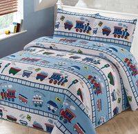 Kids Zone Home Linen 3pc Full/Queen Bedspread Coverlet Quilt Set for Boys Multi-Color Train Choo-Choo Rail Roads Tracks Wagon Blue White Red