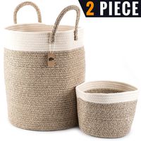 Little Hippo 2pc Large Cotton Rope Basket (16"x14") 100% Natural Cotton! Rope Basket, Woven Storage Basket, Large Basket, Blanket Basket Living Room, Toy Basket, Pillow Basket, Round Basket