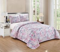 Kids Zone 3pc Full/Queen Size Quilted Bedspread Paris Eiffel Tower White Pink Purple Multi-Color for Girls/Teens Eiffel Tower Trees Flowers New