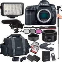 Canon EOS 5D Mark IV 30.4 MP CMOS DSLR Camera with EF 50mm F/1.8 STM Prime Lens, Filters, Lens Hood, Monopod, 128GB Memory, Led Video Light, Microphone, Canon Case, Extra Battery & Charger