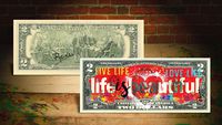 LIFE IS BEAUTIFUL Red Heart Genuine $2 U.S. Banknote - SIGNED Rency ART Banksy